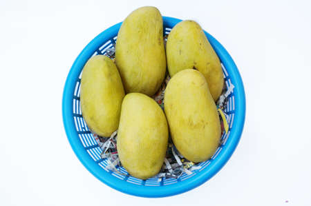 Close up of photo of very fresh ripe mangoes in blue basket isolated on white background (Thai alphabet in the picture are slice of newpapers whice became broken words and have no meaning)の写真素材