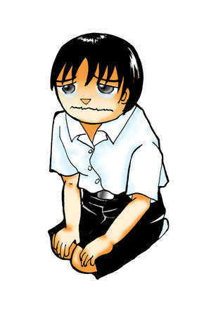 School boy clipart illustration - boy sitting and feeling sorry with tear in his eyes isolated on white backgroundの写真素材