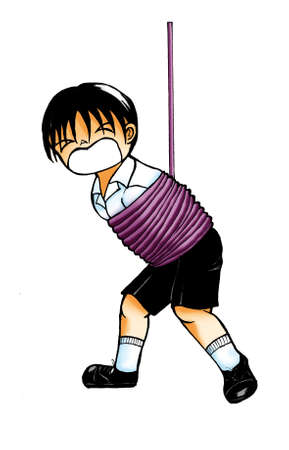 School boy clipart illustration - boy shouting with anxious and being tied  isolated on white backgroundの写真素材