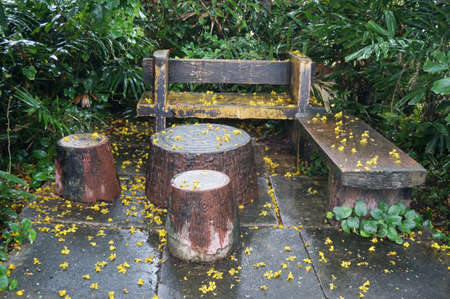 A photo of artificial wood chair and table of relaxing corner in the park: artificial wooden chair and table made from concreteの写真素材
