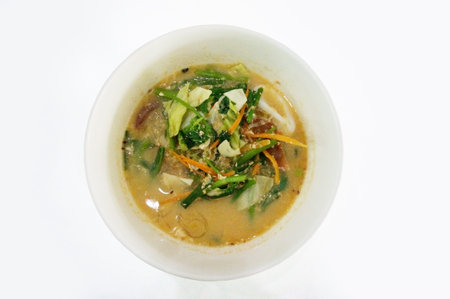 Asia - Asian eating food, Japanese food, seafood sukiyaki on bowl isolated on white background,...