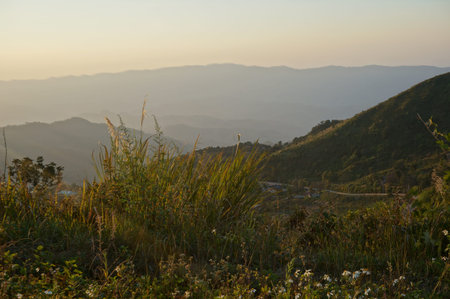 A photo of landscape of beautiful natural of big green mountain with forest and evening sky in the...