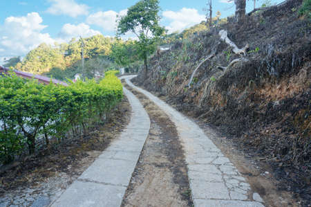 A photo of cement pavement walkway of a village on the mountain under the blue sky in natural background at Mount Pha Tang, Chiang Rai province, northern of Thailandの写真素材
