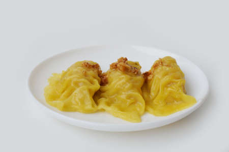 Asia - Asian eating food, Chinese food, Wonton Dim Sum: Chinese Steamed Dumpling, a steamed Wonton on white plate isolated on white background, close upの写真素材