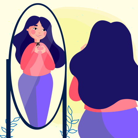 Woman making a heart shape with her hand in front of a mirror. Self love concept.のイラスト素材