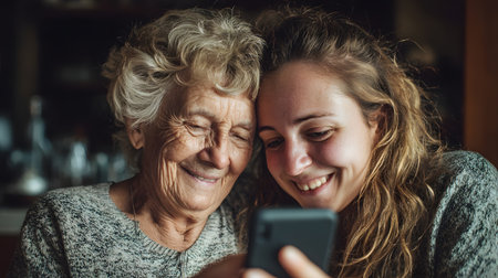Portrait of happy senior woman and her granddaughter using smart phone at homeの素材