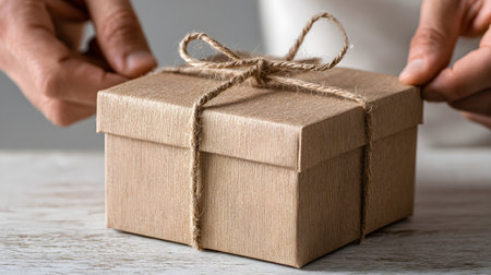 Close up of male hands holding a gift box tied with twineの素材