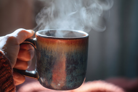 Woman's hands holding a cup of hot coffee or tea with steamの素材