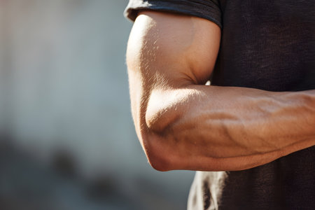 Close up of a man with arms crossed in the street. Fitness conceptの素材