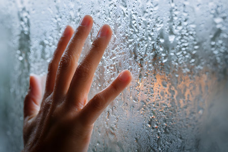 Close up of woman's hand on wet window with condensation.の素材