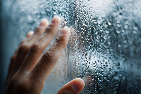 Close-up of a woman's hand on a wet window.の素材