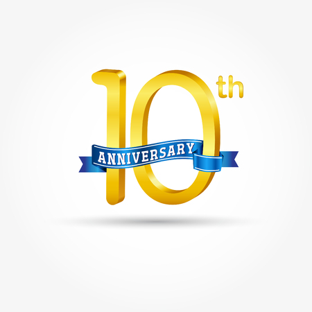 10th golden Anniversary  with blue ribbon isolated on white background. 3d gold 10th Anniversaryのイラスト素材