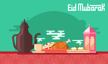 Eid Mubarak greeting card in flat style vector illustration with   arabic coffee pot and cup, kabsa, shakshuka and lantern.のイラスト素材