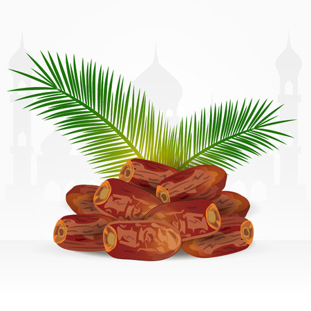 Date fruits with palm leaves isolated on white background. ramadan iftar foodのイラスト素材
