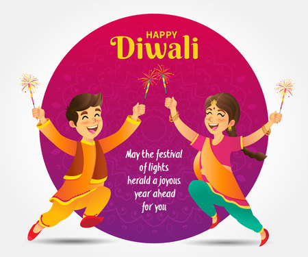 Cute cartoon indian kids in traditional clothes jumping and playing with firecracker celebrating the festival of lights Diwali or Deepavaliのイラスト素材