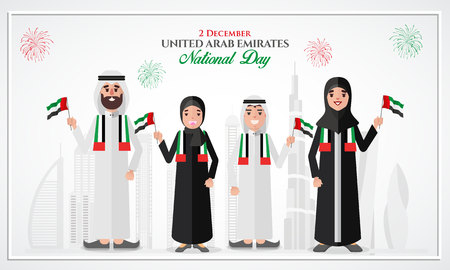 UAE national Day greeting card. Cartoon Emirati family holding UAE national   flag celebrating United Arab Emirates National Day. vector illustration for   banner, flyer and posterのイラスト素材