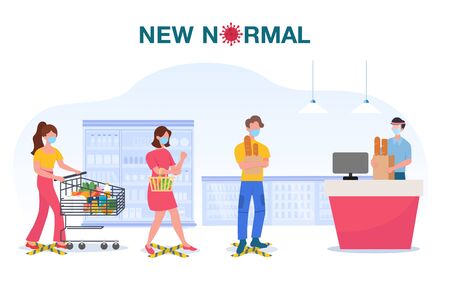 New normal concept illustration with people wearing face mask and keep distance away in supermarket to protect COVID-19 Coronavirus flu outbreak, people with shopping cart trolley wait in line or queue keep away distance with COVID-19 pathogenのイラスト素材