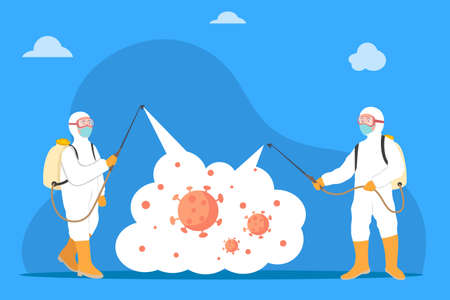 Virus Disinfection concept with two man in white hazmat suit spray the cleaning sanitize chemical to disinfect COVID-19 virus pathogenのイラスト素材