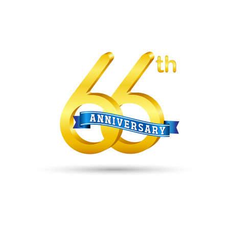 66th golden Anniversary logo with blue ribbon isolated on white background. 3d gold Anniversary logoのイラスト素材