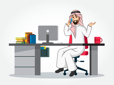 Arabic Businessman cartoon Character in traditional clothes sitting at his desk, speaking on smartphone and gesturing hand isolated on white backgroundのイラスト素材