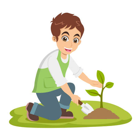 Cute cartoon little boy plant a tree isolated on white backgroundのイラスト素材