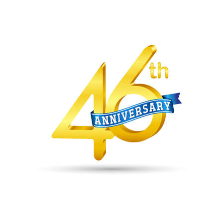 46th golden Anniversary logo with blue ribbon isolated on white background. 3d gold Anniversary logoのイラスト素材