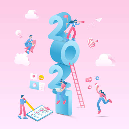 Happy new year 2021. 2021 business goals concept illustration. 
Marketers doing social media marketing, seeking new opportunities, flying on rocket and checking resolutions list for new yearのイラスト素材