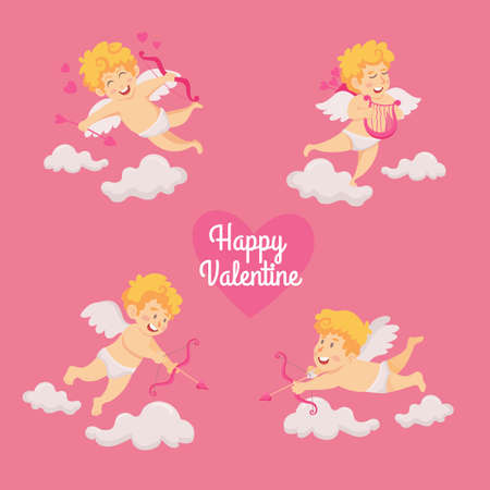 Valentine's day card vector illustration. Cute cupid angels character with bow and arrow set in different posesのイラスト素材