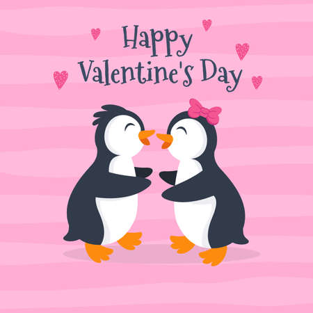 Valentine's day card vector illustration. Cute penguin couple kissingのイラスト素材