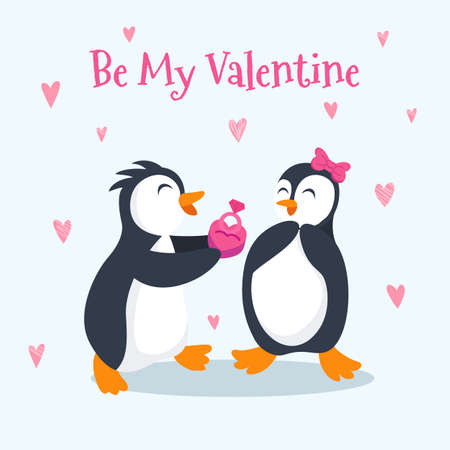 Valentine's day card vector illustration. Cute penguin couple proposing with engagement ringのイラスト素材