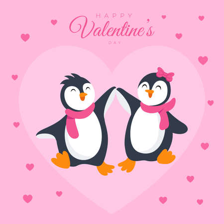 Valentine's day card vector illustration. Cute penguin couple walking together in loveのイラスト素材