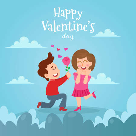Valentine's day card vector illustration. man kneeling to his girlfriend and giving a roseのイラスト素材