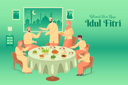 Selamat hari raya Idul Fitri is another language of happy eid mubarak in Indonesian. muslim family having dinner together during Eid Mubarak in dining room at homeのイラスト素材