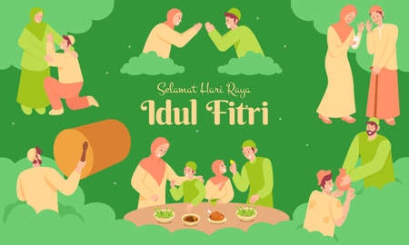 Selamat hari raya Idul Fitri is another language of happy eid mubarak in Indonesian.muslim family celebrate Eid Mubarak concept illustrationのイラスト素材