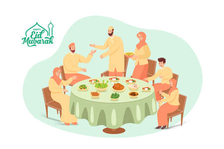 Happy eid mubarak greeting card. muslim family having dinner together during Eid Mubarakのイラスト素材