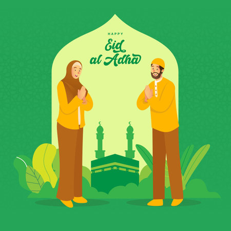 Eid al Adha greeting card. cartoon arab couple celebrating Eid al Adha with kaaba as backgroundのイラスト素材