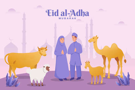 Eid al Adha greeting card. couple with sacrifice animal celebrating Eid al Adha with mosque as backgroundのイラスト素材