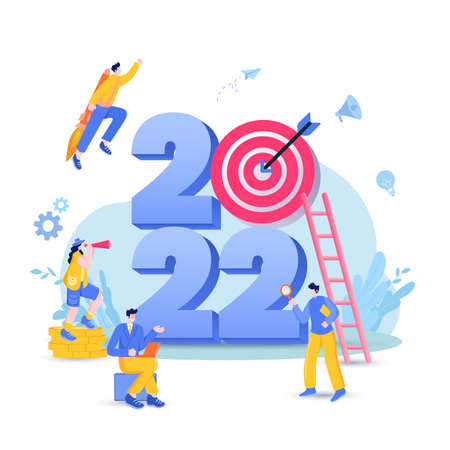 Happy new year 2022. 2022 business goals concept illustration. Businessman hold magnifying glass, checking charts and diagrams, flying on rocket and seeking new opportunities for new yearのイラスト素材