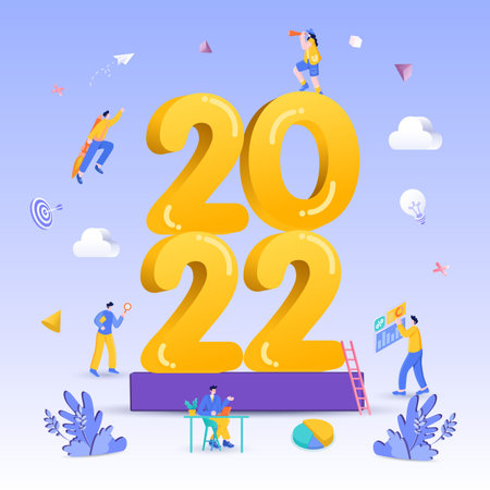 Happy new year 2022. 2022 business goals concept illustration. Businessman hold magnifying glass,...