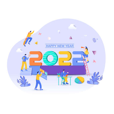 Happy new year 2022. 2022 business goals concept illustration. Businessman hold magnifying glass, checking charts and diagrams, flying on rocket and seeking new opportunities for new yearのイラスト素材