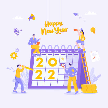 Happy new year 2022. 2022 business goals concept illustration. Businessman hold magnifying glass, checking charts and diagrams, flying on rocket and seeking new opportunities for new yearのイラスト素材