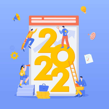 Happy new year 2022. 2022 business goals concept illustration. Businessman hold magnifying glass, checking charts and diagrams, flying on rocket and seeking new opportunities for new yearのイラスト素材