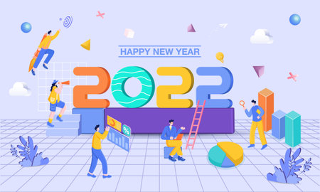 Happy new year 2022. 2022 business goals concept illustration. Businessman hold magnifying glass,...