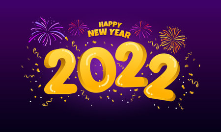 Happy New Year 2022. golden 3D numbers with ribbons and confetti on dark purple background. Holiday greeting card design.のイラスト素材