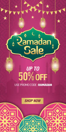 Ramadan Sale, web header or banner design with golden shiny frame, arabic lanterns and Islamic Ornament on purple background. Up to 50% discount offerのイラスト素材