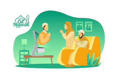 Eid mubarak greeting card. muslim man blessing Eid mubarak to parents through computer screens using video conference app during Covid-19 pandemicのイラスト素材