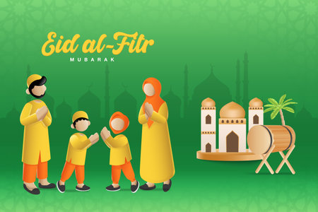Eid al fitr mubarak greeting card. Cartoon muslim family blessing Eid al fitr with mosque on backgroundのイラスト素材