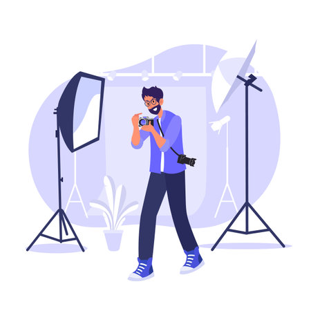 Man Photographer Character Vector. Photographer Character Flat Cartoon Illustrationのイラスト素材
