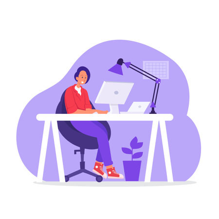 Graphic designer in workplace. freelancer woman sitting at workspace.のイラスト素材