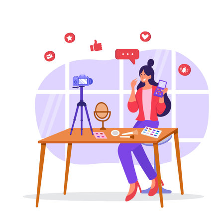 Female beauty vlogger doing makeup tutorial live on youtube in studio.のイラスト素材
